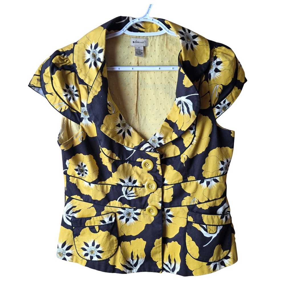 Referencees Women's Floral Jacket Blazer Size 10 Yellow Black Cotton Pockets